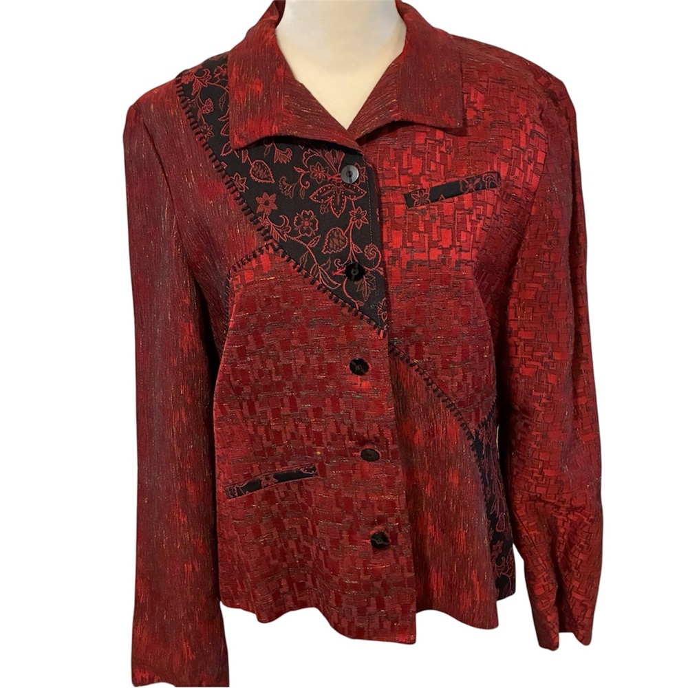 Canvasbacks Jacket Blazer Size 12 Blazer Red Black Patchwork Floral Artsy Boho